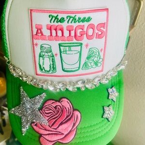 Green and White Embroidered Cap with Pink Rose